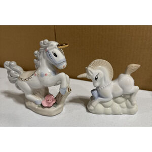 Unicorn Figurines Glossy Ceramic White Gold & Brown Horn Pink Rose Lot of 2